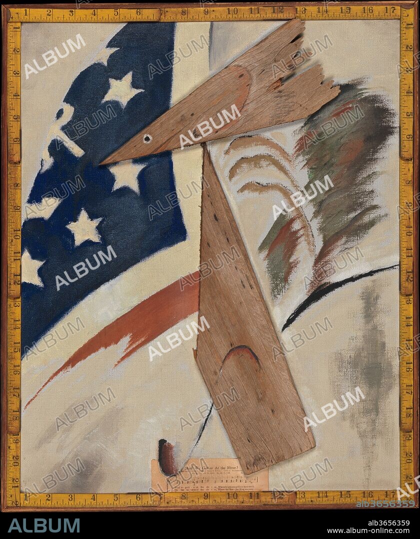 Portrait of Ralph Dusenberry. Artist: Arthur Dove (American, Canandaigua, New York 1880-1946 Huntington, New York). Dimensions: 22 x 18 in. (55.9 x 45.7 cm). Date: 1924.
Among the most accomplished abstract American artists, Dove created inventive symbolic portraits of friends using found materials. Ralph Dusenberry, Dove's neighbor, lived in a houseboat on the North Shore of Long Island. The artist selected the objects in this work for their associations with Dusenberry's personality and interests: the sheet music pasted at the bottom is a hymn that Dusenberry often sang, while the folding rulers that frame the composition point to his profession as an architect. The pieces of weathered wood refer to the docks, shingled cabins, and shipbuilding materials of the marine environment.