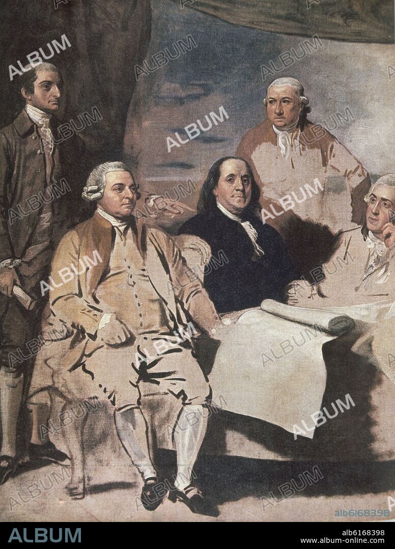 BENJAMIN WEST. JOHN JAY, JOHN ADAMS, BENJAMIN FRANKLIN, HENRY LAURENS Y WILLIAM TEMPLE FRANKLIN - TRATADO DE PARIS (1783) - SIGLO XVIII.