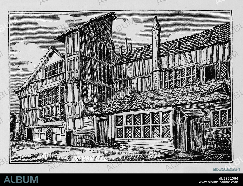Whittington's House in Swithin's Passage, Moor Lane, City of London, 1823 (1906). Richard 'Dick' Whittington (c1350-1423) was Mayor of London in 1397-1398, 1406-1407 and 1419-1420 and a charity benefactor. From Medieval London, Vol. 1 - Historical & Social, by Sir Walter Besant. [Adam & Charles Black, London, 1906].