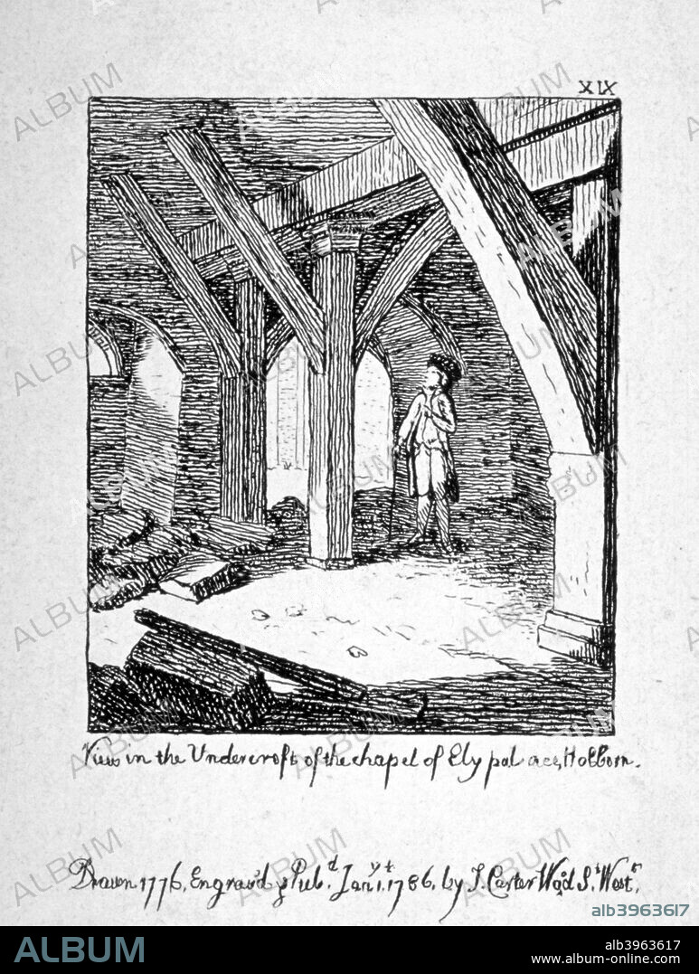 View in the undercroft of the Church of St Etheldreda, Ely Place, Holborn, London, 1786.