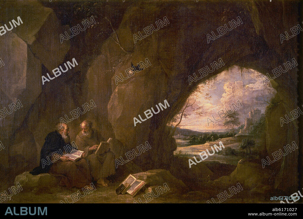 DAVID TENIERS EL JOVEN. SAN PABLO PRIMER ERMITAÑO Y SAN ANTONIO ABAD - SIGLO XVII - OLEO/LIENZO - 63 x 94 cm - NP 1823 - ESCUELA FLAMENCA.