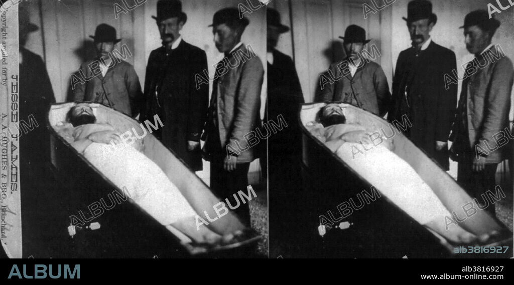 Frank James (second from left) and others posing over the dead body of his brother, Jesse James. Alexander Franklin "Frank" James (January 10, 1843 - February 18, 1915) was an Confederate soldier, guerrilla and outlaw. During his years as a bandit, James was involved in at least four robberies between 1868-76 that resulted in the deaths of bank employees or citizens. Five months after the killing of his brother Jesse in 1882, Frank surrendered. He was tried for only two of the robberies/murders and acquitted in both. In his final years, James returned to the James Farm, giving tours for the sum of 25 cents. He died in 1915, at the age of 72. Jesse Woodson James (September 5, 1847 - April 3, 1882) was an American outlaw, gang leader and the most famous member of the James-Younger Gang. Already a celebrity when he was alive, he became a legendary figure of the Wild West after his death. On April 3, 1882, Jesse James was killed by a member of his own gang, Robert Ford, who hoped to collect a reward on James' head. A.A. Hughes and Brothers stereograph, April 4, 1882.