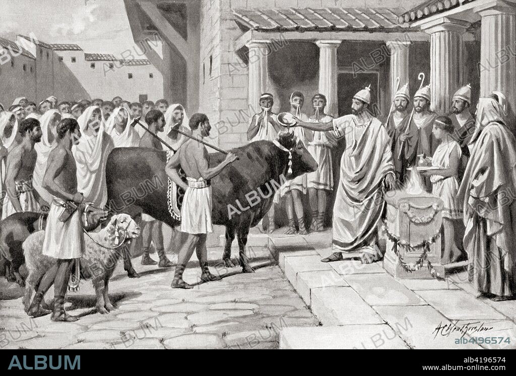 Romans offering sacrifices to the Gods, their most usual offerings were the suovetaurilia, consisting of a pig, a sheep and an ox.  The animals were killed by a specially appointed person called a popa, and the better part of the intestines, covered with barley-meal, wine and incense, were burnt upon the altar.  From Hutchinson's History of the Nations, published 1915.