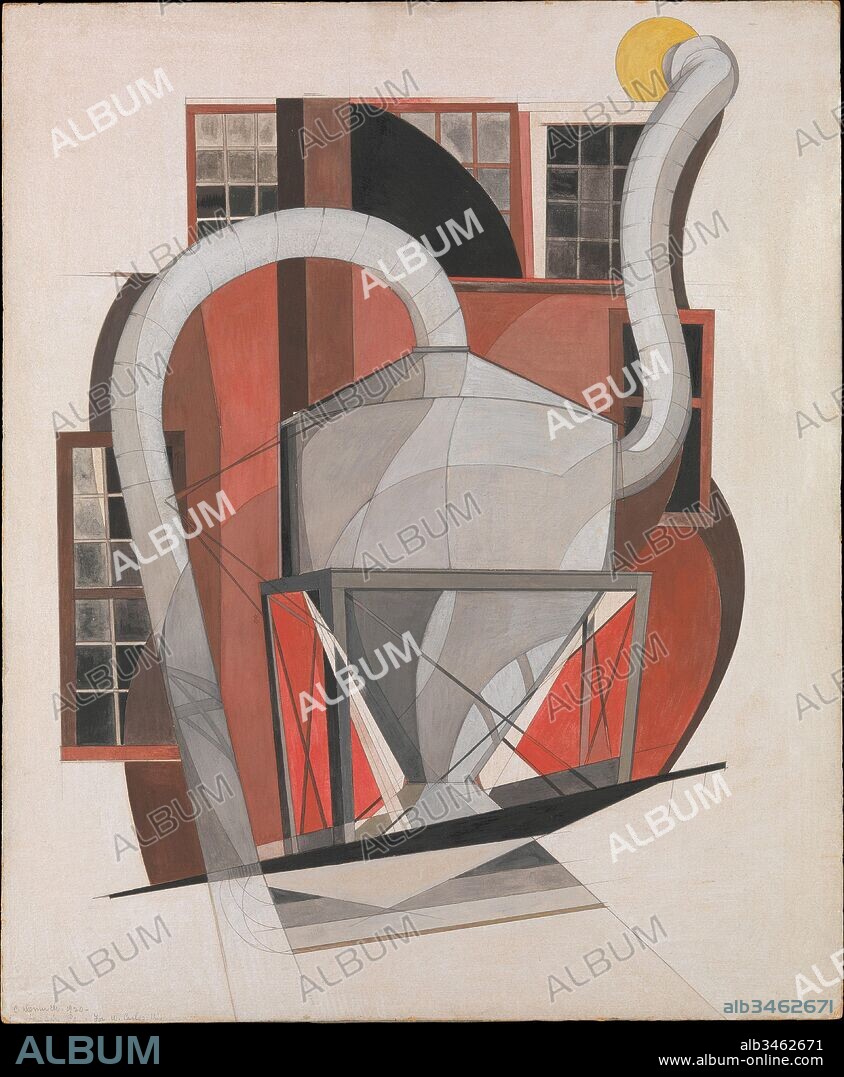 Machinery, 1920, Gouache and graphite on paperboard (Beaver Board), 24 x 19 7/8 in. (61 x 50.5 cm), Drawings, Charles Demuth (American, Lancaster, Pennsylvania 1883–1935 Lancaster, Pennsylvania), This painting was first shown in an exhibition of Demuth's works titled Arrangements of the American Landscape Forms, held at the Daniel Gallery in New York in 1920. Rather than a traditional landscape scene, it depicts industrial architecture in his hometown of Lancaster, Pennsylvania.