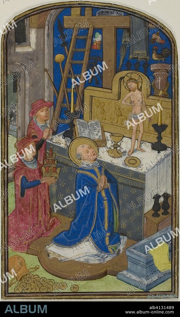 The Mass of St. Gregory, from a Book of Hours. Willem Vrelant or his workshop (Bruges); Netherlandish, flourished 1449-1481. Date: 1460-1470. Dimensions: 105 x 62 mm. Manuscript cutting in tempera and liquid gold on parchment. Origin: Netherlands.
