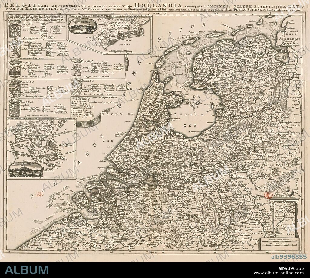 Map of the Republic of the Seven United Provinces, Land caerte van 't Verenigde Nederland met 't gene daer onderhoort verdeelt in syn provincien / Belgii pars septentrionalis communi nomine vulgo Hollandia (...) (title on object), Top left a cartouche with the arms of and topographical and political information about the Seven Provinces. To the right an inset map of New Netherland and an oval cityscape of New Amsterdam, accompanying scale bar: Milliaria Germanica communia. Below the former cartouche an inset map of the East Indies and an oval city view of Batavia. Bottom right an inset map of part of present-day Limburg (part that belonged to State Brabant at the time). Below that, scale bar: Milliaria Germanica communia, Milliaria Gallica communia. Degrees along edges., print maker: Pieter Schenk (I), (possibly), publisher: Pieter Schenk (I), (mentioned on object), Amsterdam, 1705, paper, engraving, etching, height 492 mm × width 593 mm.