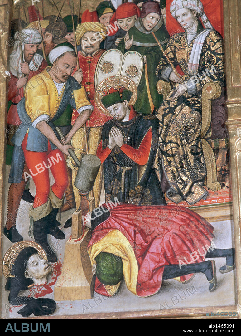 ARTE GOTICO. ESPAÑA. S. XV. JAUME HUGUET (h. 1415-1492). Pintor catalán. 'RETABLO DE LOS SANTOS ABDON Y SENEN'. Realizado en Barcelona entre 1460 y 1461. Detalle del martirio de los santos. Iglesia de Santa María de Terrassa. Provincia de Barcelona. Cataluña.