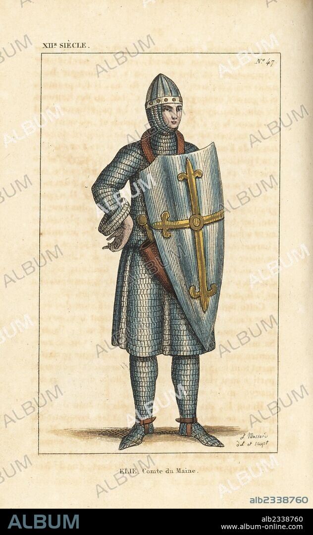 Elias I, Count of Maine, died 1110. He wears a tunic and stockings of chainmail, iron helmet and triangular escutcheon (shield) with gold cross. Sword in a large scabbard hanging from his neck. Taken from his tomb in Abbey Saint-Pierre de la Couture, Le Mans. Handcoloured copperplate drawn and engraved by Leopold Massard from "French Costumes from King Clovis to Our Days," Massard, Mifliez, Paris, 1834.
