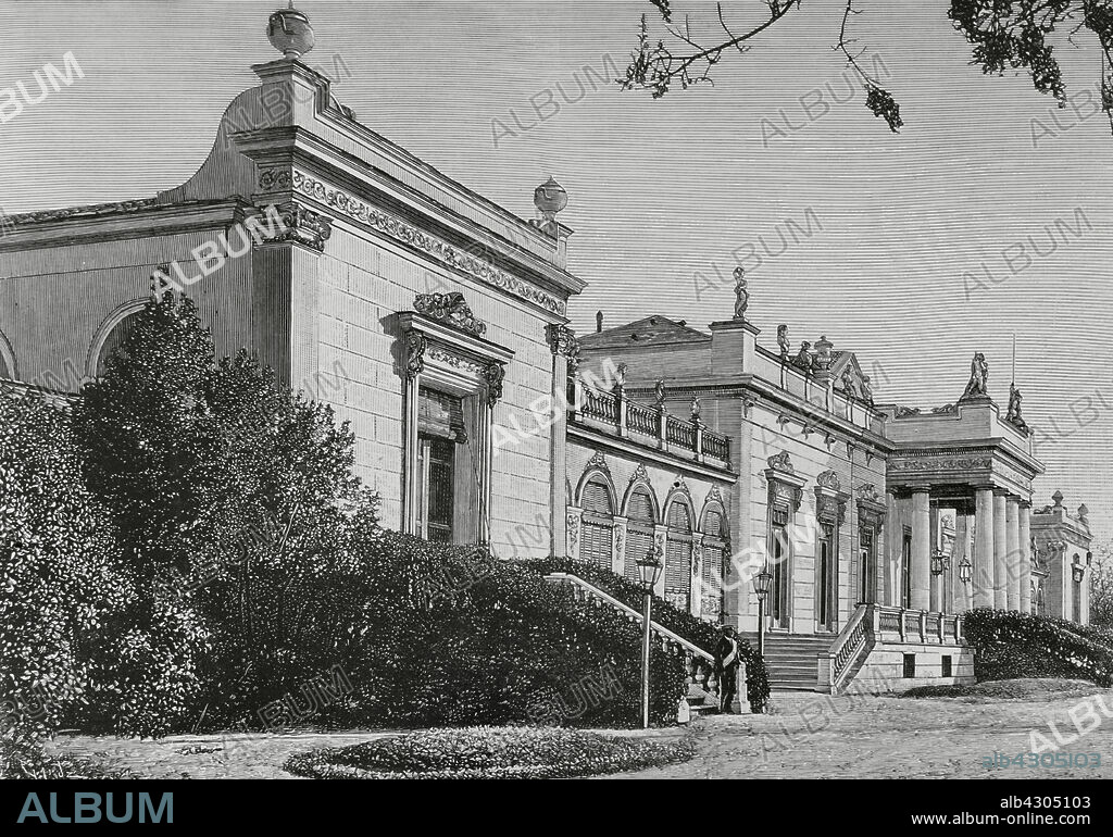 TOMÁS CARLOS CAPUZ (1834-1899). SPANISH ENGRAVER.. España. Madrid. Palacio de Vista Alegre o Palacio del Marqués de Salamanca. Fachada principal. Edificio ubicado en la Finca de Vista Alegre, en Carabanchel Bajo. Fue proyectado entre 1834 y 1835 por Martín López Aguado, continuando las obras en 1835 el arquitecto Juan Pedro Ayegui. A causa de la abdicación y exilio de la reina María Cristina de Borbón en 1840, las obras quedaron sin finalizar. Tras el regreso de la reina María Cristina, se continuaron los trabajos de construcción, encargándoselos al arquitecto Narciso Pascual y Colomer (1808-1870), quien las llevó a cabo entre 1844 y 1846. El marqués de Salamanca adquirió el palacio en 1859, encargando nuevas obras de mejora al mismo arquitecto, Narciso Pascual y Colomer, quien las ejecutó entre 1859 y 1863. Grabado por Tomás Carlos Capuz (1834-1899). La Ilustración Española y Americana, 1883.