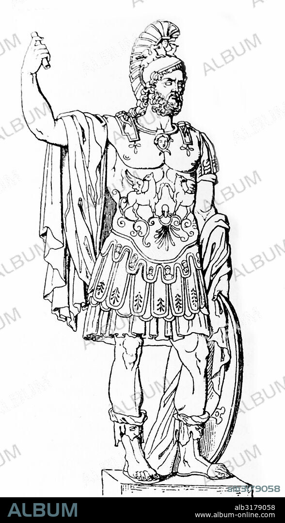 Illustration of Pyrrhus of Epirus (318-272 BC)  a Greek general and statesman of the Hellenistic period. He was king of the Greek tribe of Molossians, of the royal Aeacid house, and later he became king of Epirus and Macedon.