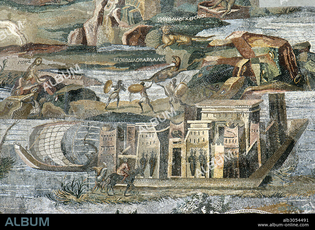 NILE MOSAIC OF PALESTRINA.Detail of a late Hellenistic, c100 B.C., Roman mosaic, a fanciful representation of the Nile River from Ethiopia to the Mediterranean.