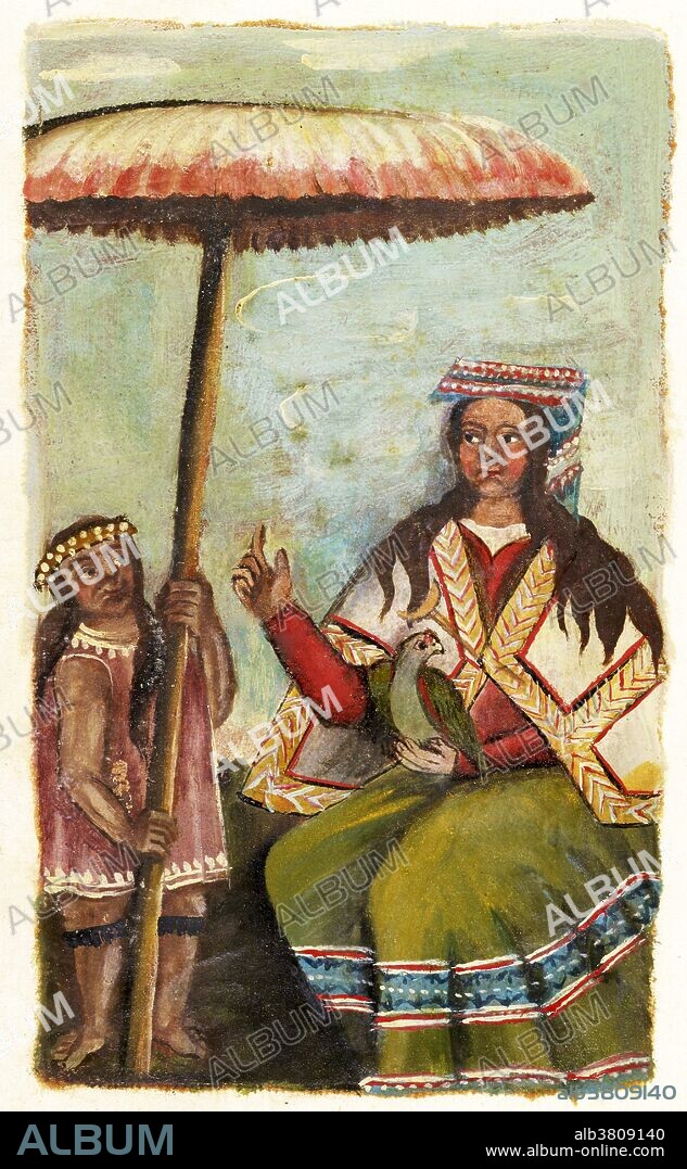 Mama Huaco is considered by some to be the mother or sister/wife (along with Mama Ocllo) of Manco Capac, the Inca god and legendary first Sapa Inca (Inca Emperor) of the Kingdom of Cuzco. There are several versions of his origin story, which connect him to the foundation of Cuzco. In one myth, Manco Capac was a son of the sun god Inti and Mama Quilla, and brother of Pacha Kamaq. In another, he is the son of Mama Huaco, shown here. The text painted under this image identified this woman as "Mama Huaco Reyana, fue Madre y Muger de Manco Capac." Manco Capac himself was worshipped as a fire and sun God. He ruled the Kingdom of Cuzco for about forty years, establishing a code of laws, and is thought to have abolished human sacrifice. This illustration is from an incomplete series of full-length portraits of Inca rulers by an unidentified maker, probably an indigenous Peruvian or Bolivian artist.