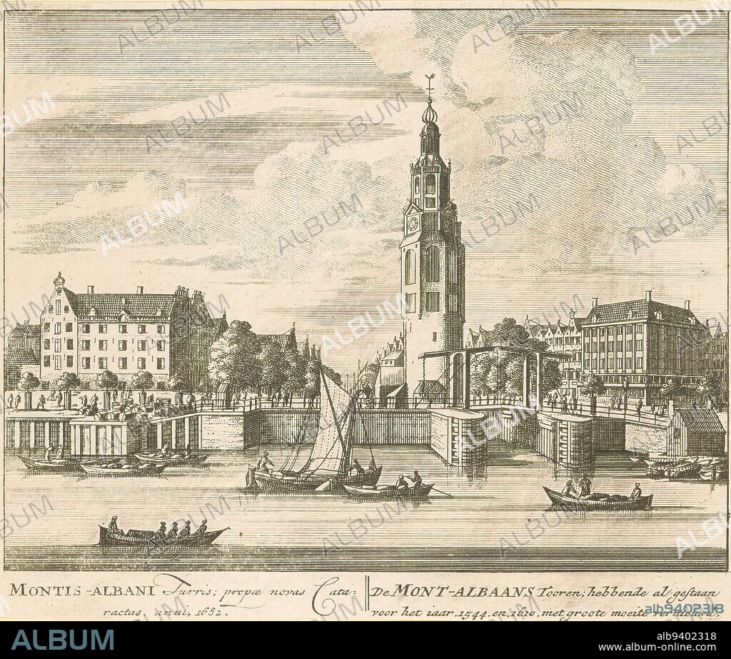 View of the Montelbaanstoren in Amsterdam, De Mont-albaans Tooren; hebde al gestaan voor het iaar 1544, en, 1610, met groote moeite renewed / Montis-albani Turris; propae novas cataractas, anni, 1682 (title on object), 100 Afbeeldinge der belangrijkste gebouwen van Amsterdam (series title), View of the Montelbaanstoren on the Oudeschans in Amsterdam, seen from the IJ. On the left the West-Indies Warehouse on the 's-Gravenhekje. On the right the Kalkmarkt. Various figures in the street and in the boats. Below the image the title in Latin and Dutch., print maker: anonymous, publisher: Pieter Schenk (I), publisher: Barent Greve, (possibly), Amsterdam, 1710 - 1711 and/or 1757 - 1766, paper, etching, engraving, height 167 mm × width 199 mm.