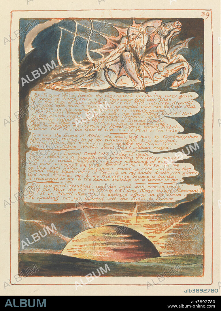 WILLIAM BLAKE. Jerusalem, Plate 39, "By Satans Watch-fiends....". Date/Period: 1804 to 1820. Print. Orange print, pen, black ink and watercolor on cream-colored paper (Relief etching printed in orange with pen and black ink and watercolor on moderately thick, smooth, cream wove paper). Height: 225 mm (8.85 in); Width: 159 mm (6.25 in).