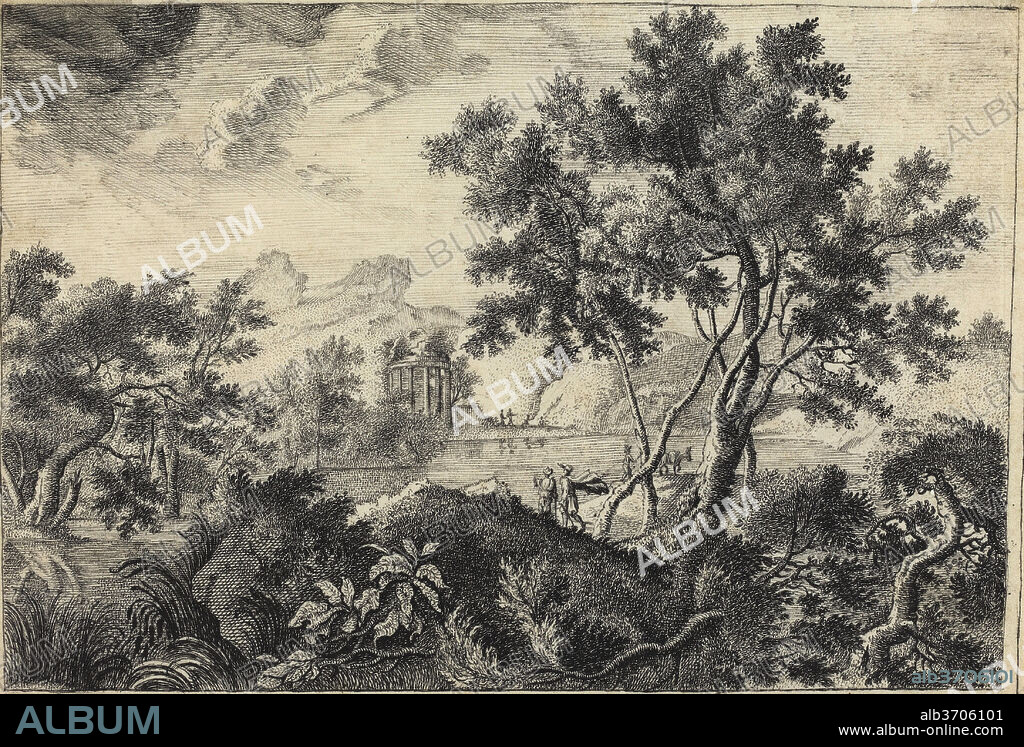 ATTRIBUTED TO FRÉDÉRIC DE MOUCHERON. Classical Landscape with a Tempietto. Dimensions: overall: 15.2 x 21.6 cm (6 x 8 1/2 in.). Medium: pen and black ink on vellum.