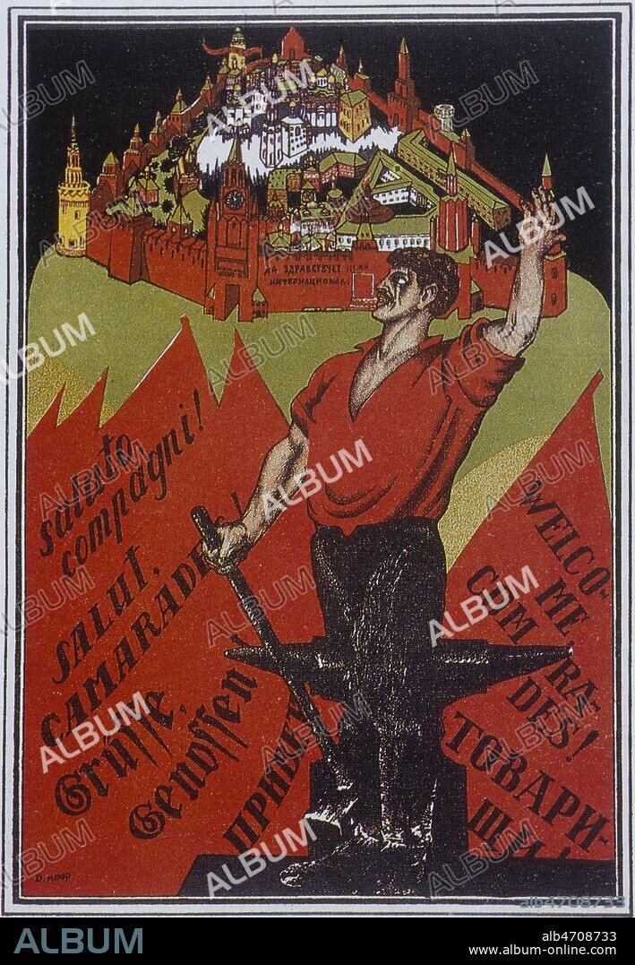 'Bienvenue Camarades. Vive la IIIeme Internationale' Affiche illustration par Dimitri ORLOV, dit Dimitri MOOR (1883-1946) en 192O. 104,50x68,50cm. Credit : Collection KHARBINE-TAPABOR.