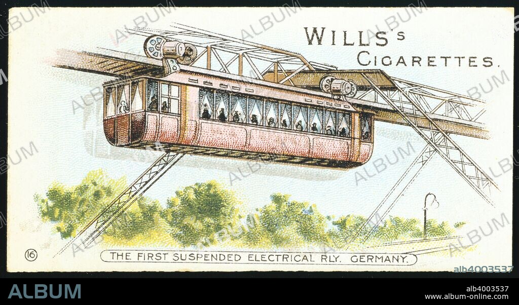 Electric overhead monorail at Barmen-Elberfeld (now Wuppertal), Germany, 1901. This, the world's first and oldest still operating, overhead monorail passenger transport system was designed by the German engineer Eugen Langen (1833-1895), and was opened to the public on 1 March 1901. Cigarette card.