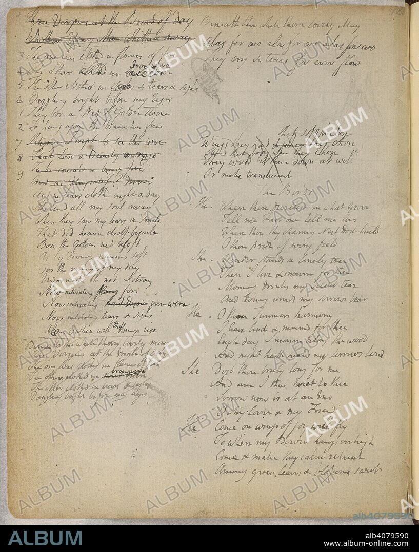Poems of William Blake. Notebook of William Blake. England; circa 1787-1818. [Whole folio] Autograph draft, with revisions, of Blake's poems 'Beneath the white thorn lovely May', and 'The Birds'  Image taken from Notebook of William Blake.  Originally published/produced in England; circa 1787-1818. . Source: Add. 49460, f.8v. Language: English.