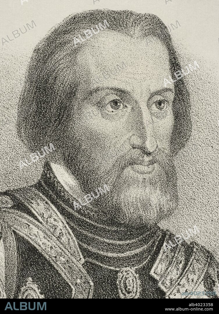 Hernan Cortes (1485-1547). Spanish conquistador of the Aztec empire. Lithography.  Drawing by Jose Cebrian (1839-1904), detail. Cronica General de Espa–a, Historia Ilustrada y Descriptiva de sus Provincias. Extremadura, 1870.
