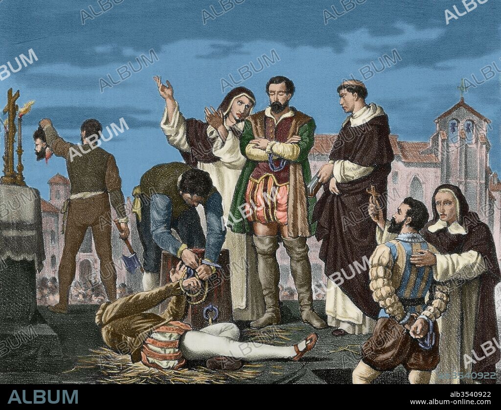 The Revolt of the Comuneros or War of the Communities of Castile, 1520-1521. Uprising by citizens of Castile against the rule of Charles V and his administration. Juan Lopez de Padilla (1490-1521), Juan Bravo (c. 1483-1521) and Francisco Maldonado (1480-1521), leaders of the revolt, executed in Villalar de los Comuneros in 1521. Engraving before a painting of Antonio Gisbert, 1860. Colored.
