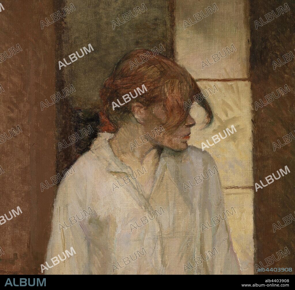 Henri de Toulouse-Lautrec: "A Montrouge"–Rosa La Rouge, Henri de Toulouse-Lautrec, 1886–1887, Oil on canvas, Toulouse-Lautrec was interested in showing in the underbelly of glamorous Parisian society. Here the model Carmen Gaudin poses as the prostitute Rosa La Rouge, a seedy and murderous character popularized by the songs of the cabaret performer Aristide Bruant. This painting formerly hung in Bruant's nightclub, Le Mirliton, in the Montmartre neighborhood of Paris. Toulouse-Lautrec paints Carmen with flaming red hair covering her face. Her jaw, which juts out, conveys her surly nature., Overall: 28 3/8 x 19 1/8 in. (72.1 x 48.6 cm).