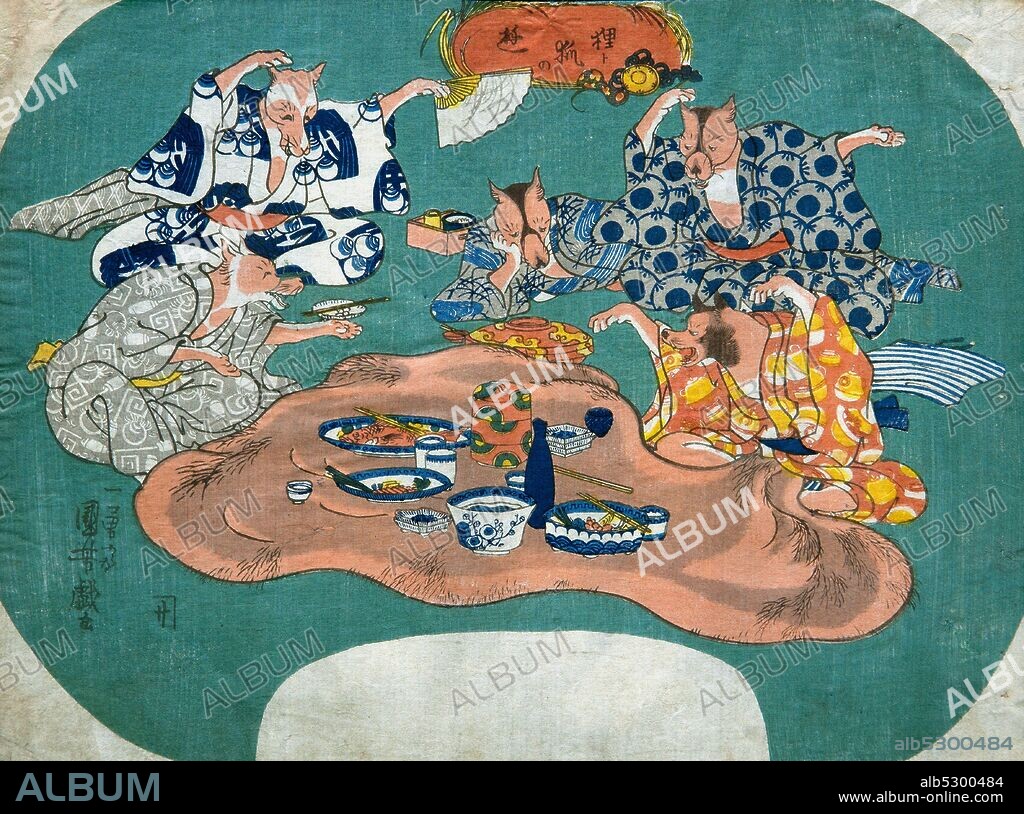 Utagawa Kuniyoshi 1798-1861. Racoon Dog and Fox at Play (Tanuki to kitsune no asobi). about 1842. Aiban (uchiwae).