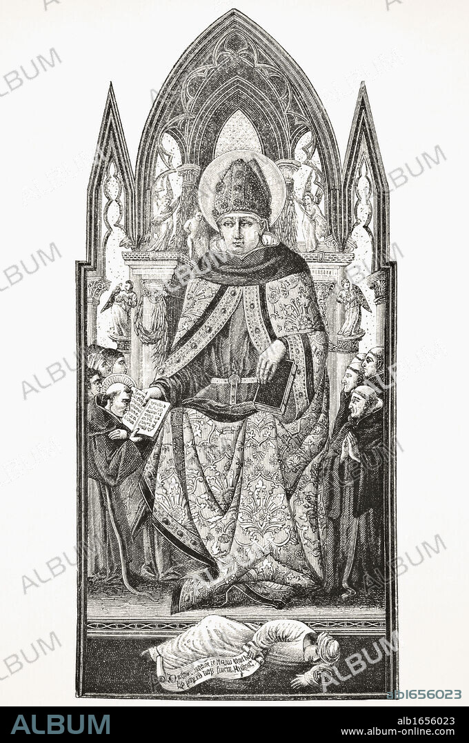 St Augustine Bishop of Hippo 354 to 430 Philosopher,theologian After 15th century painting from Italian school From Science and Literature in The Middle Ages by Paul Lacroix published London 1878.