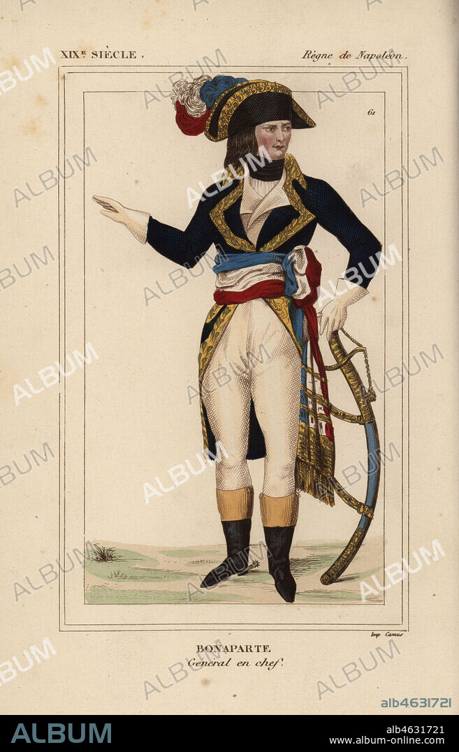 Napoleon Bonaparte, General en Chef, in uniform of General of the Army of Italy, Napoleonic Wars. Handcoloured lithograph from Le Bibliophile Jacob aka Paul Lacroix's Costumes Historiques de la France (Historical Costumes of France), Administration de Librairie, Paris, 1852.