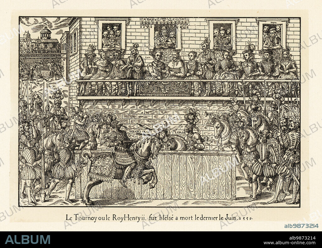 King Henry II of France mortally wounded during a tournament with the Count Gabriel Montgomery, June 1559. Montgomery's lance pierces the king's helm. Queen Catherine de Medicis and Mary Queen of Scots watch from a balcony. Le Tourney ou le Roy Henry ii fut blesse a mort le dernier le Juin 1559. Lithograph from Henry Rene dAllemagnes Recreations et Passe-Temps, Games and Pastimes, Hachette, Paris, 1906.