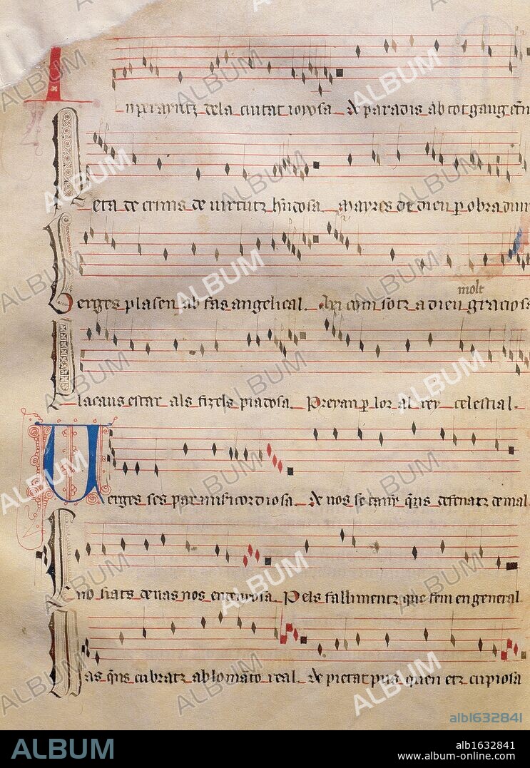 PERIODO GOTICO. "LLIBRE VERMELL". Manuscrito nº 1. Código de la Baja Edad Media, copiado a finales del s. XIV. Marca la transición de la "Ars Antiga a la Ars Nova". Muestra de las únidades de danzas sagradas conservadas en Europa. Fólio 25 vr. Himno "Imperatriz", con texto escrito en catalán. Biblioteca Abadía de Montserrat. Prov. Barcelona. Cataluña.