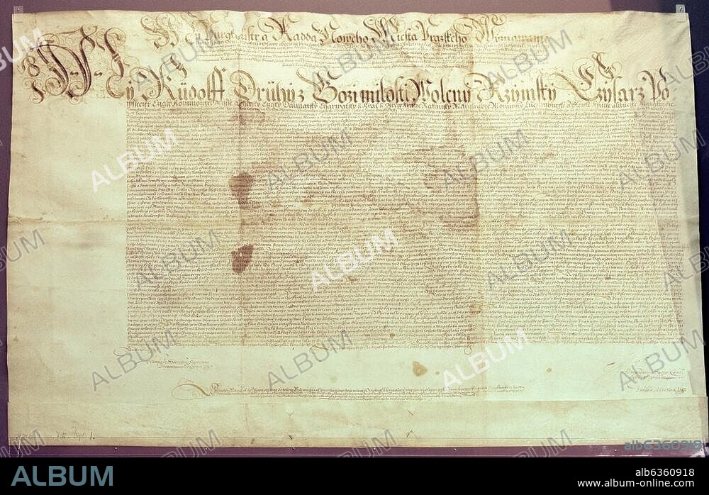 Geschichte / Majestätsbrief Kaiser Rudolfs II. vom 9. Juli 1609 (Urkunde, in der Böhmen Gewissensfreiheit, freie Religionsausübung, Erbauung von Kirchen und Schulen zugesichert wird). Zweitausfertigung für die protestanischen Stände Böhmens. Pergamenturkunde, 70 × 50,5 cm. Sign. Mscr. D 1. Zittau, Christian-Weise-Bibliothek.