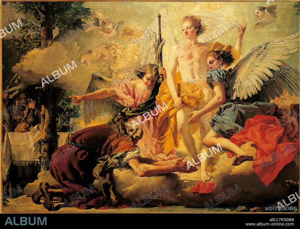 The Three Angels appearing to Abraham, by Giandomenico Tiepolo, 1773-1774, 18th Century, oil on canvas, cm 200 x 281. Italy, Veneto, Venice, Accademia Art Galleries. All. Angels wings aura old Abraham Sara hovel clouds light tree draperies yellow red blue white. Authorization required for non editorial use.