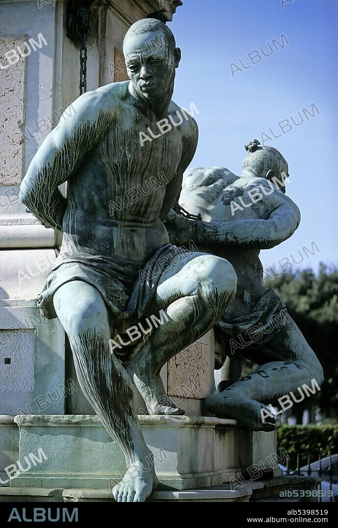 Statues of the Quattro Mori, "Four Moors", on the monument to Ferdinand I, Livorno, Tuscany, Italy, Europe.