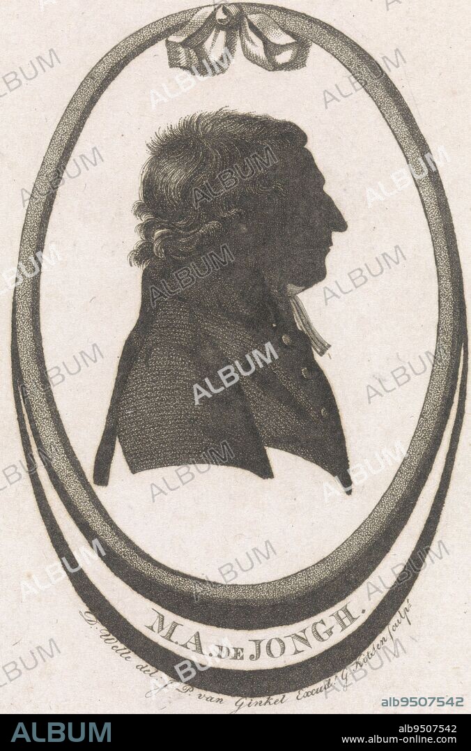 Silhouette portrait of Martinus Adrianus de Jongh, Govert Kitsen, after David Welle, 1776 - 1810, Portrait of the preacher Martinus Adrianus de Jongh. He wears a battery wig and bef. Bust in profile in oval frame with bow at top., print maker: Govert Kitsen, (mentioned on object), David Welle, (mentioned on object), publisher: Johannes Petrus van Ginkel, (mentioned on object), Rotterdam, 1776 - 1810, paper, engraving, etching, h 142 mm × w 112 mm.