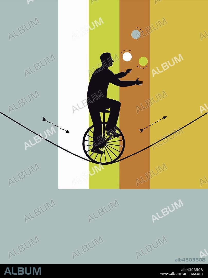 Man on unicycle juggling on tightrope.