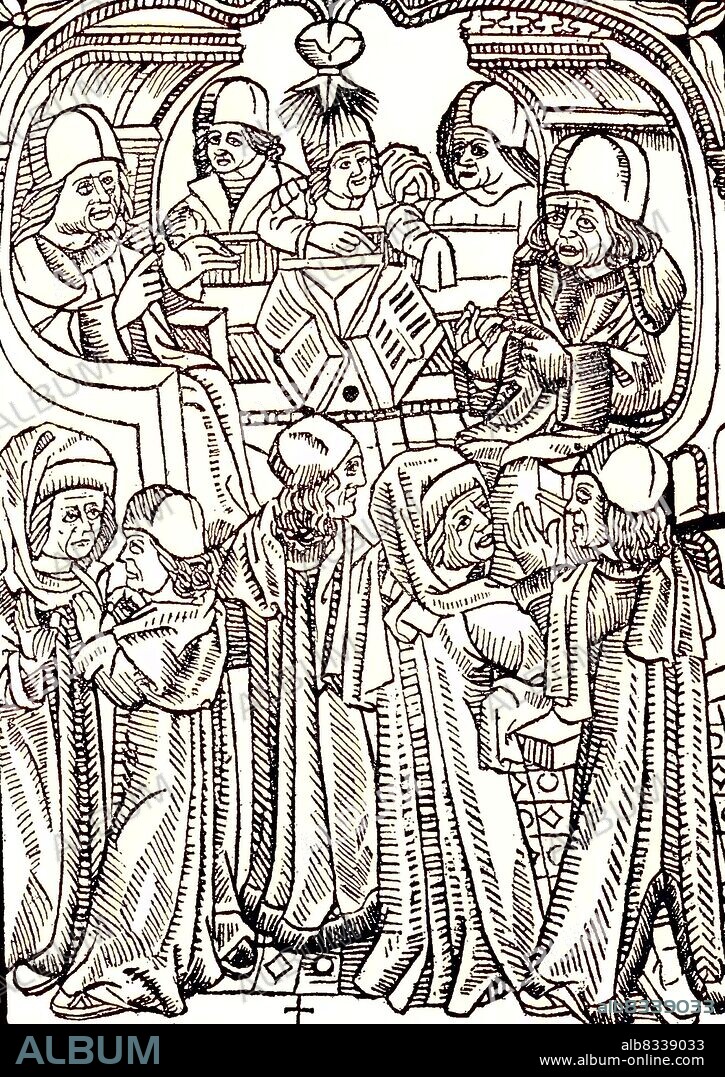 Disputing scholars / Disputierende Gelehrte, Holzschnitt aus Arnoldus de Villa nova, 1507, historisch, C:CC5historical, digital improved reproduction of an original from the 19th century / digitale Reproduktion einer Originalvorlage aus dem 19. Jahrhundert, Originaldatum nicht bekannt.