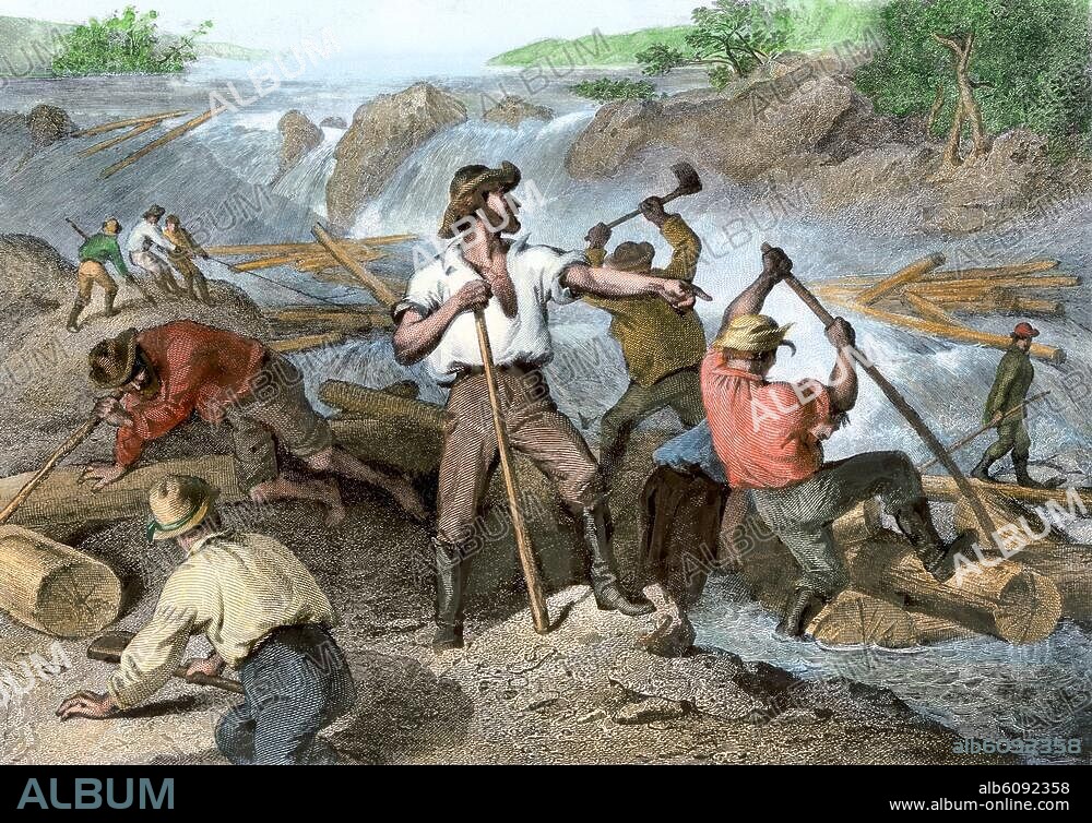 Lumbermen clearing a logjam on a river, 1800s. Handcolored woodcut of a 19thcentury illustration.