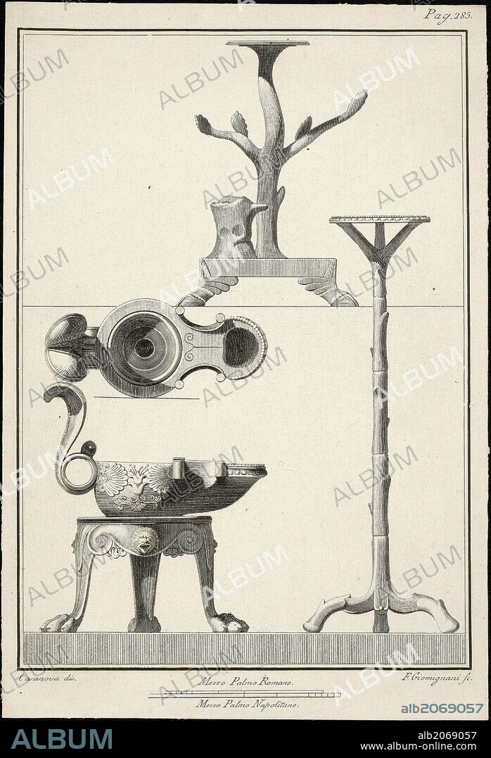 FRANCESCO GEMINIANI. Francesco Giomignani / 'Antigüedades de Herculano: pedestales en forma de árbol y trípode con patas de león', Second half 18th century, Italian School, Paper, 329 mm x 224 mm, G03487.