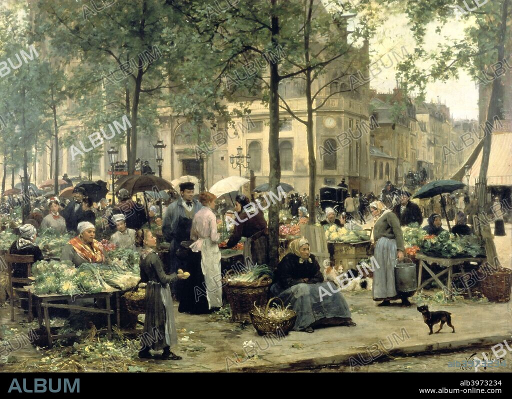 'Le Carreau des Halles', Paris, 1880. Busy scene in Les Halles, the central market of Paris. From the Musee des Beaux Arts, Le Havre, France.