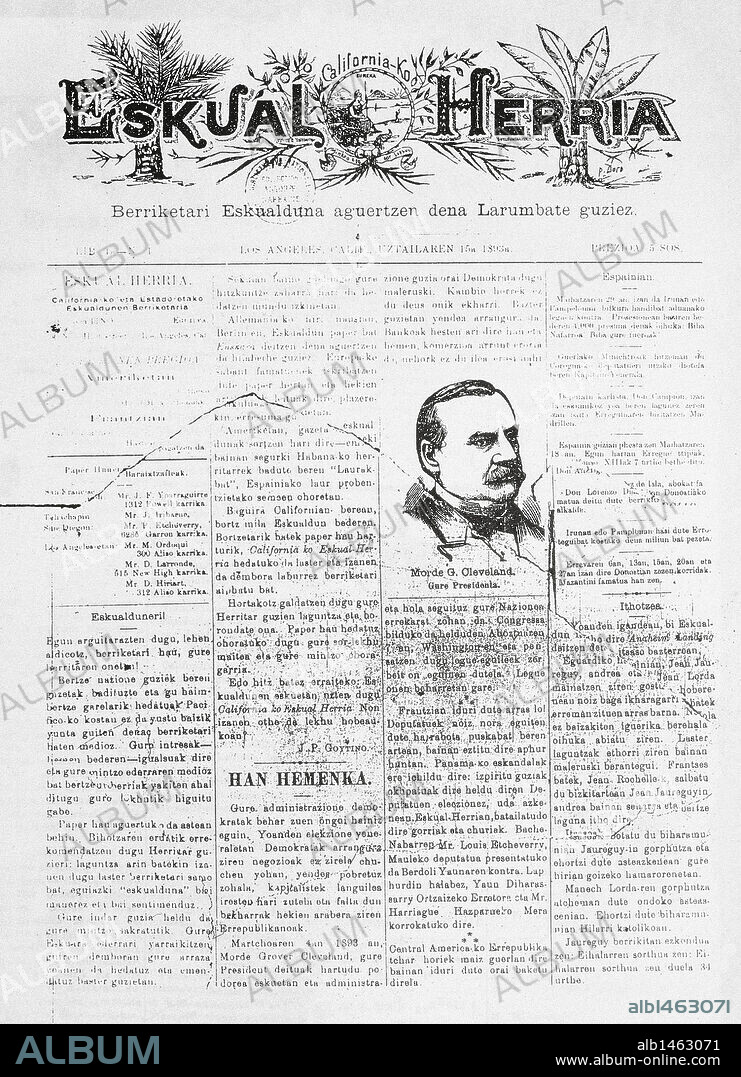 KALIFORNIAKO ESKUAL HERRIA. Revista en euskera editada en Los Angeles (California). Portada del primer ejemplar, 1893.