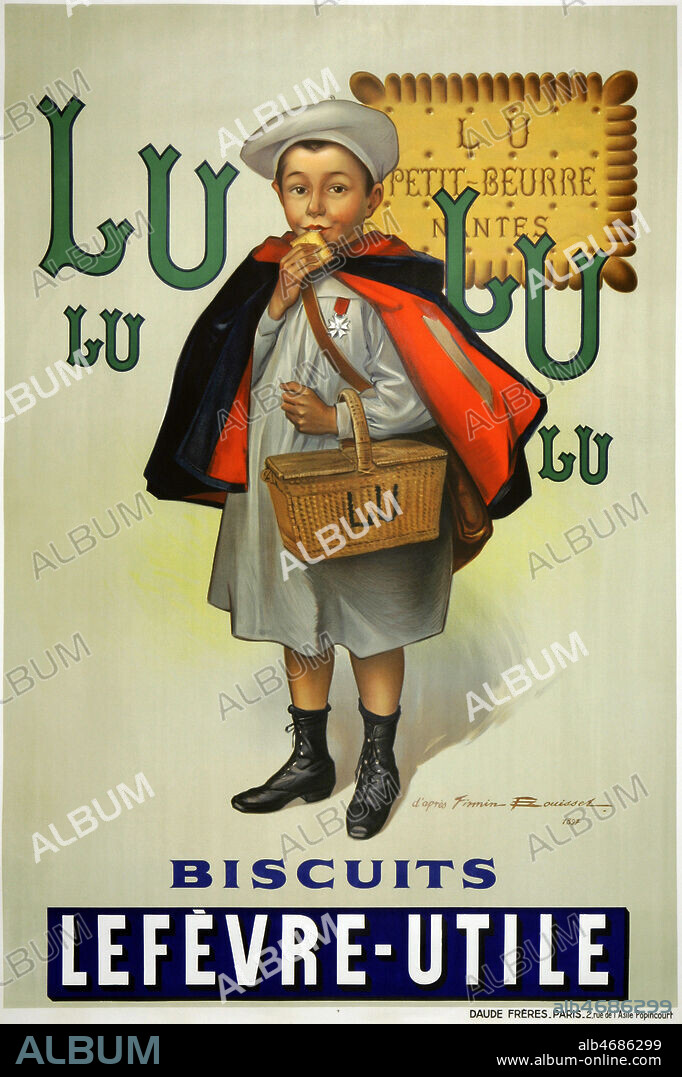 Publicite alimentaire fin 19eme LU Petit-Beurre . Affiche Biscuits LEfevre-Utile, LU avec ecolier en pelerine avec la croix d'honneur sur la poitrine, et panier de gouter. 1897 par BOUISSET FIRMIN (1859-1925) . Credit MIGNY/KHARBINE TAPABOR.