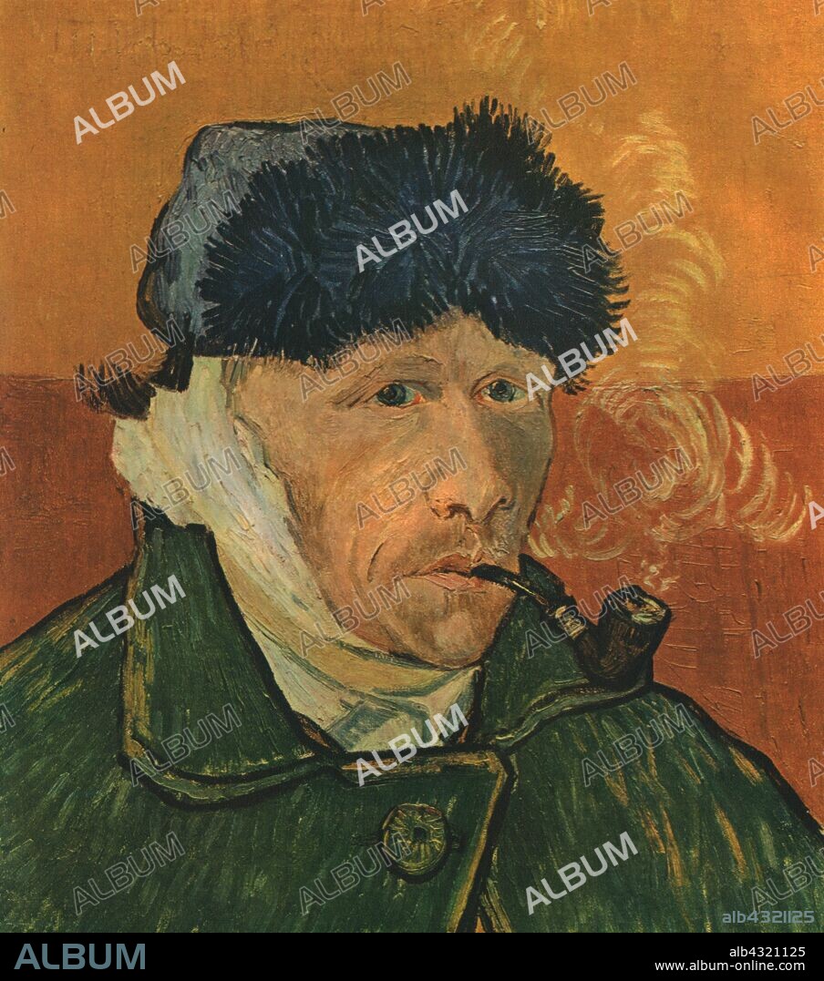 'Self-Portrait with Bandaged Ear and Pipe', February 1889', (1947). Van Gogh (1853-1890) had cut off his ear with a razor during one of his periods of mental illness. Painting in a private collection. From "Vincent Van Gogh", by Ludwig Goldscheider and Wilhelm Uhde. [Phaidon Press Ltd, Oxford and London, 1947].
