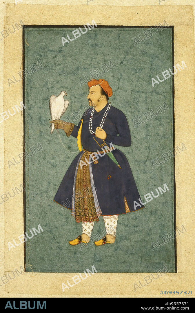 Portrait of Jahangir Holding a Falcon, Attributed to 'Abid, Opaque watercolor and gold on paper, India, ca. 1600-1610, Mughal, sheet: 5 1/2 x 3 3/8 in., 14 x 8.6 cm, bird of prey, elite, Emperor, Falcon, Gold, hunter, India, Jahangir, Manohar, Mughal, Nastaliq script, Paper, power, raptor, ruler, Watercolor.