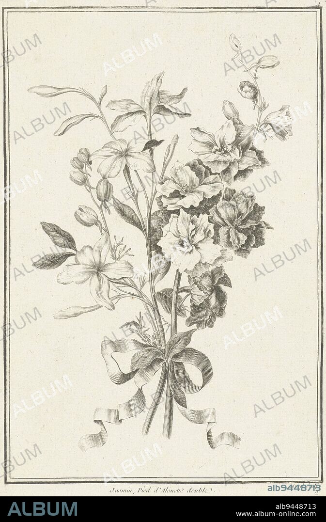 The flowers are tied together with a ribbon. Top right is the letter A. Bouquet of jasmine and delphinium Jasmin, Pied d'Alouette double IIe Cahier de Bouquets , print maker: Jean Jacques Avril (I), (mentioned on object), Jean Baptiste Monnoyer, publisher: Jacques-François Chéreau, print maker: France, (possibly), France, (possibly), publisher: Paris, 1754 - 1794, paper, engraving, h 245 mm × w 160 mm.