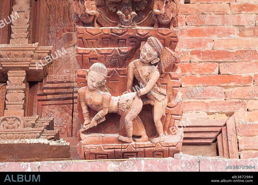 Kamasutra sex position depicted at the Jagannath Mandir Temple at Durbar Square in Kathmandu, Nepal