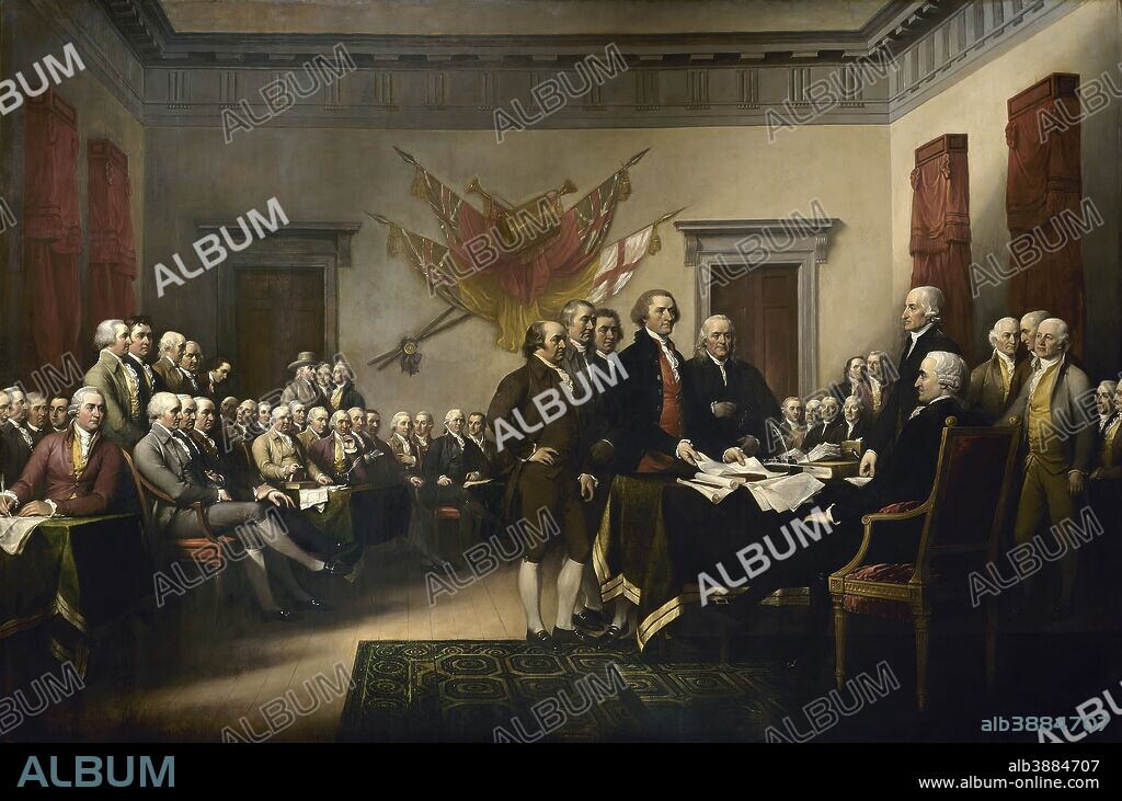 Painting showing Thomas Jefferson, John Adams, Roger Sherman, Robert Livingston, and Benjamin Franklin presenting the first draft of the Declaration of Independence to the Second Continental Congress. Less than a week later, on July 4, 1776, the colonial delegates signed the Document.