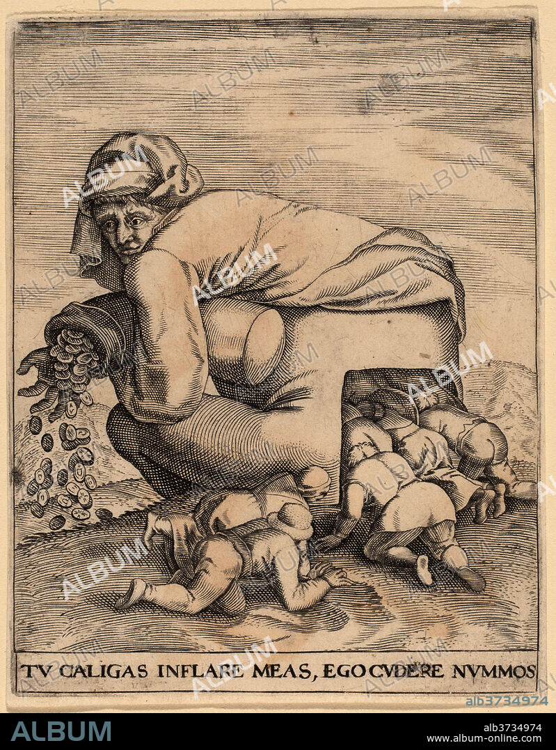JAN THEODOR DE BRY AFTER PIETER BRUEGEL THE ELDER. The Man with the Moneybag and His Flatterers. Medium: engraving.