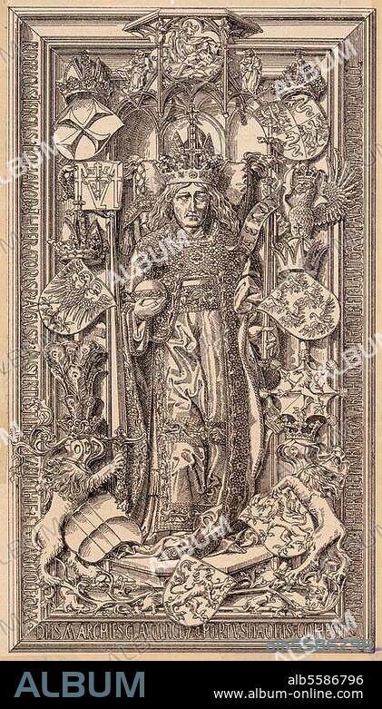 Friedrich III., röm.-dt. Kaiser (1440-93); Innsbruck 21.9.1415 - Linz 19.8.1493. Grabmal Kaiser Friedrichs III. im Stephansdom zu Wien. (Entwurf Nikolaus Gerhart von Leyden; Ausführung 1467-1513). Holzstich, um 1880.