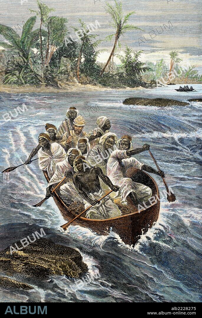 Expedición de Henry Morton Stanley (1841-1904), periodista y explorador británico. Stanley pasa los Rápidos del Rio Congo. Grabado coloreado. Siglo XIX.