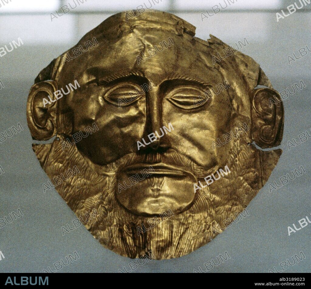 Mask of Agamemnon, gold funerary mask. Mycenaean funerary mask of an unknown Myceanean ruler, 16th century BC (ca.1550 BC), found in Tomb V, Grave Circle A at Mycenae. National Archaeological Museum. Athens, Greece.